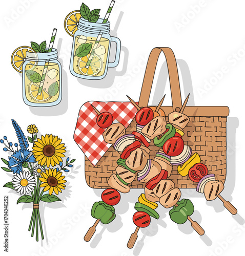Summer Shish Kebab with Picnic and Outdoor Props – Vector Illustration