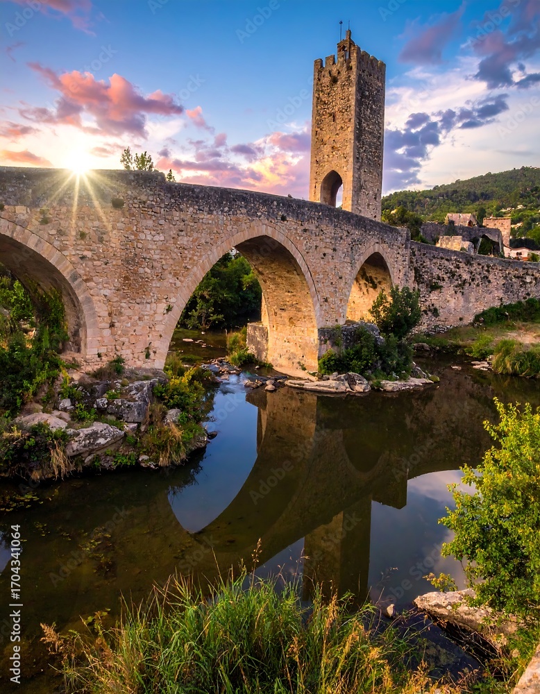 Fototapeta premium Stone bridge over a river at sunset