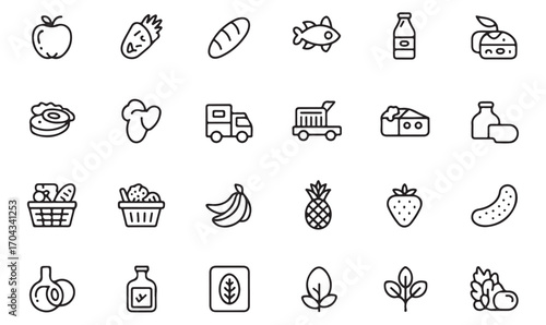 Minimalist grocery and supermarket icons set: basket, bread, fish, fruits, vegetables, and organic food outline