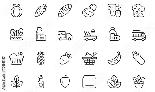 Outline food and market line art symbols: supermarket, organic, delivery, ingredients, and nutrition icon collection