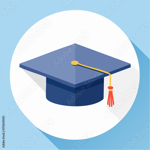A simple blue graduation cap icon isolated on a light blue background for educational concepts