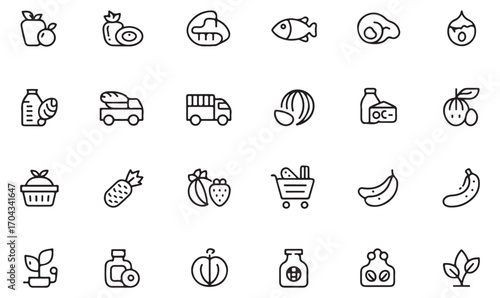 Fruits, vegetables, bread, milk, and shopping cart icons in minimalist outline style for grocery and health concepts