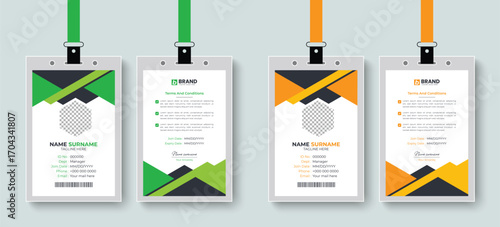 Abstract creative office employee id card or identity card design layout with green and yellow color. Creative style corporate business identification card, staff card.