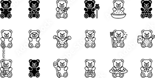 Gummy bear icon set, line and black glyph style for food app website.

