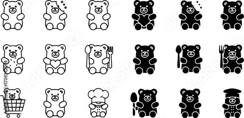 Gummy bear icon set, line and black glyph style for food app website.
