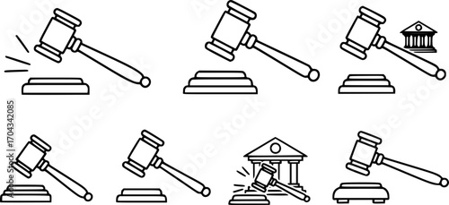 Gavel icon line art, vector set