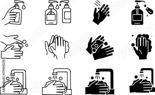 Sanitize hands icon set, line and black glyph style