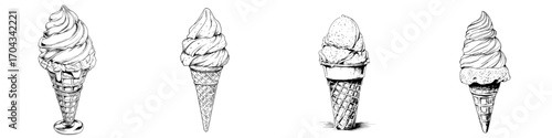 Illustrate ice cream in a waffle cone, a contemporary sweet and creamy dessert, with a fruit or yogurt ice cream ball in a wafer conical cup isolated on a white background, depicted in a hand-drawn