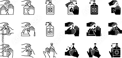 Sanitize hands icon set, line and black glyph style