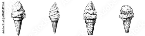 Depict ice cream in a waffle cone, a contemporary sweet and creamy swirl in a conical cup, a dairy-based dessert, with options including fruit or yogurt ice cream, a frozen summer treat isolated on a