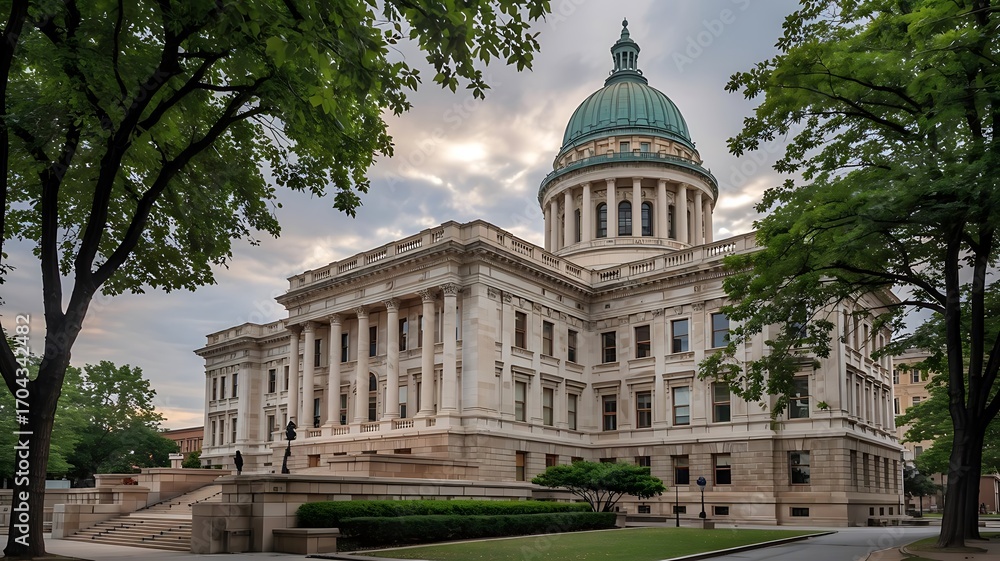 Obraz premium Stately Capitol Building with Classical Columns, Large Dome, Light Beige Stone Facade, Green Trees, and Cloudy Overcast Sky
