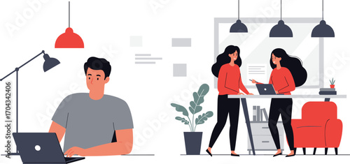 Remote worker at home using laptop, two female coworkers collaborating in modern office space, teamwork, productivity, business communication, workplace technology