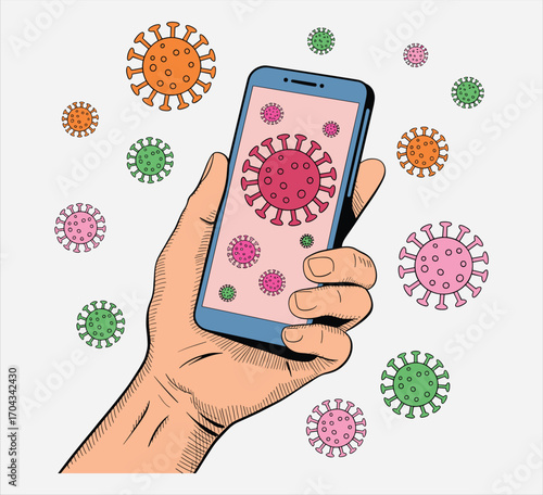 Cartoon virus, smartphone screen, mobile infection alert, digital pandemic, virus particles, health app, misinformation, outbreak, medical tech illustration