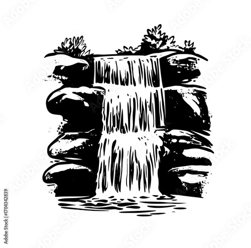 A cartoon depiction of a waterfall and cascading water, set against a modern hill with a flowing design that blends into the natural surroundings of a park or garden, complete with a rocky outcrop