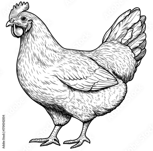 The image of a hen serves as an icon for chicken farms, the poultry industry, and modern organic farming methods, often used on labels for meat and eggs in grocery stores, supermarkets, or farmers'