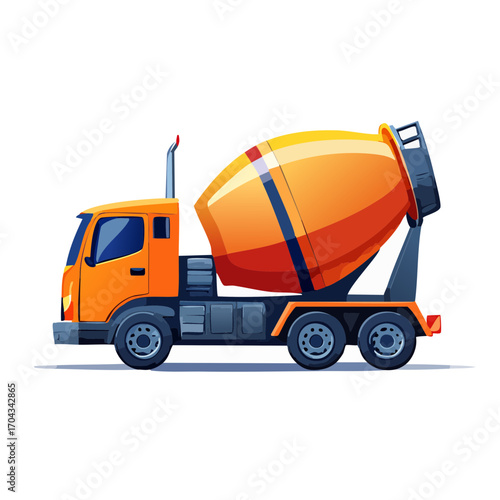 Detailed cartoon illustration of an orange cement mixer truck, a vital piece of construction equipment, isolated on a clean white background