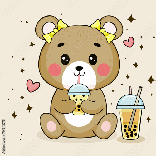 Cute illustrated bear holding a bubble tea with cute hearts and sparkles