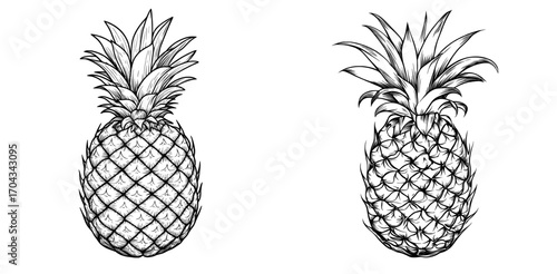 The modern and exotic pineapple, also known as ananas, is illustrated as a tropical fruit with leaves, often enjoyed as a summer snack