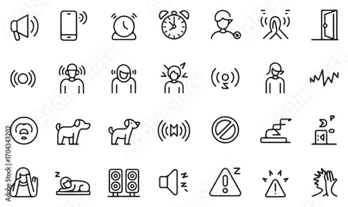 Outline line art icons of anxiety, panic, headache, and noise hazard for health, environment, and workplace safety