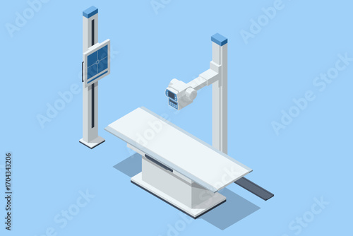 X-ray machine without people. Isometric vector illustration of a medical X-ray machine with examination table. Radiology, hospital diagnostic equipment, healthcare concept.