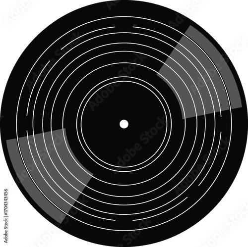 Black Vinyl Record with Concentric White Lines Silhouette Vector Illustration