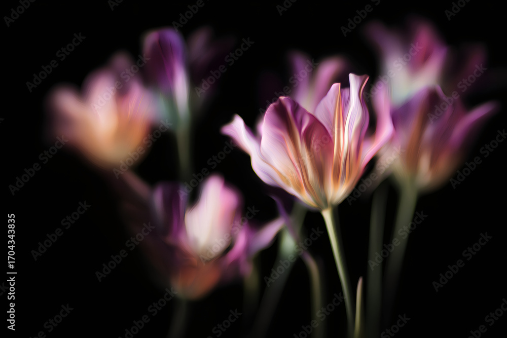 Fototapeta premium Abstract vibrant tulip bloom on dark background. Creative floral art for modern design, poster, advertising, spring and Valentine's day.