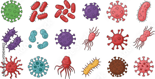 Cartoon bacteria virus germs microbes set, colorful microbiology illustration, medical science design, infection prevention healthcare concept
