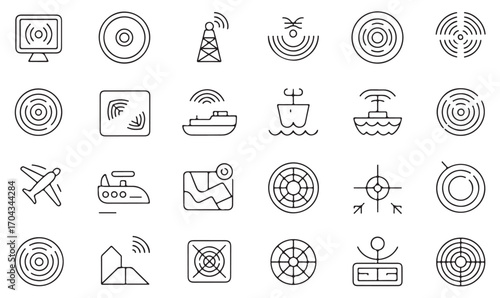 Minimalist outline wireless and signal symbols: GPS, radar, sonar, ship, submarine, and antenna icons collection