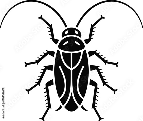 Black silhouette of cockroach insect, vector pest illustration, isolated bug graphic, detailed roach clipart, creepy pest control design