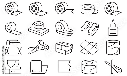 Office and craft supplies line icons: tape rolls, scissors, paper, glue, dispenser, and packaging materials set