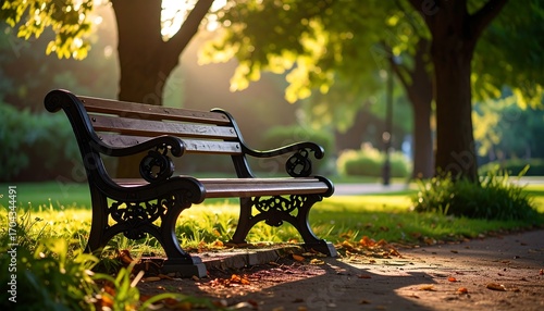Fototapeta Naklejka Na Ścianę i Meble -  Sunny park bench bathed in morning light