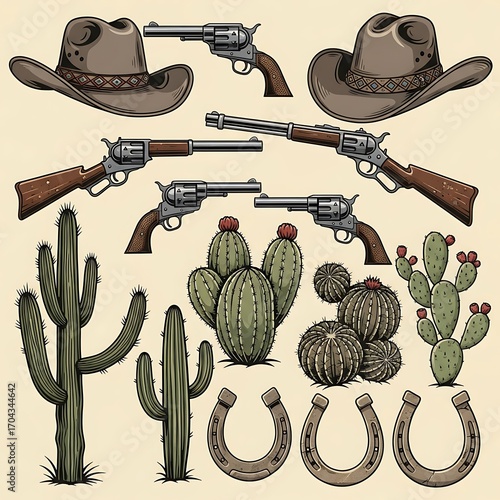 Vintage illustration set featuring cowboy paraphernalia, including hats, firearms, cacti, and horseshoes, in a warm, desert-inspired design.