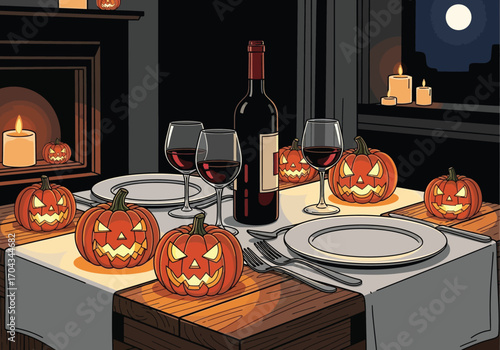 Vector art of halloween dinner table with wine and carved pumpkins in dark room