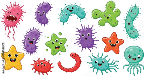 Cute cartoon bacteria, colorful germs, funny microbes characters, happy virus illustration, kids science design, microbiology background
