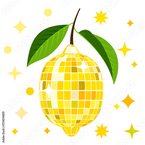Vector trendy illustration of lemon with disco ball texture. Design for party, summer poster, nightlife music event