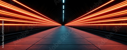 A futuristic tunnel with glowing red lights and a smooth, illuminated pathway, creating a dynamic sense of speed and motion.