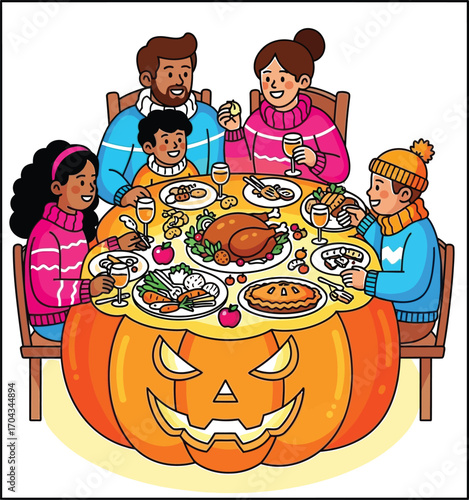 Vector art of happy family celebrating thanksgiving day at a table in a pumpkin shape