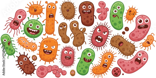 Funny cartoon bacteria characters, colorful microbes illustration, cute germs drawing, microscopic virus icons, microbiology background design