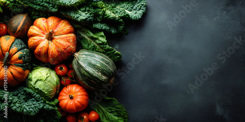 Fototapeta Naklejka Na Ścianę i Meble -  Assortment of fresh autumn vegetables and greens on dark background with copy space. Healthy food concept for Thanksgiving and fall harvest.