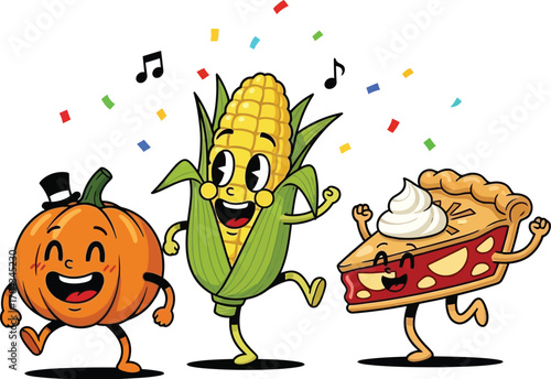Vector art of cartoon pumpkin, corn, and pie dancing