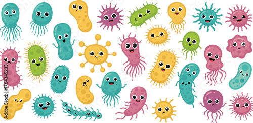 Cute cartoon microbes, funny bacteria characters, colorful germs illustration, happy virus design, kids science art background