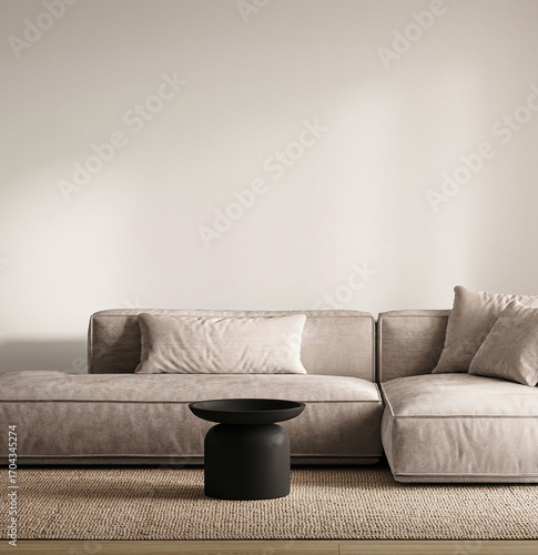 Minimalist Scandinavian living room with plush grey sofa and modern black floor lamp. 3d render