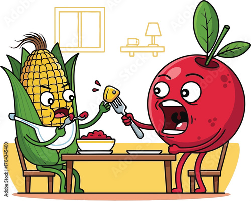 Vector art of funny illustration of a corn being fed fish by an angry apple character