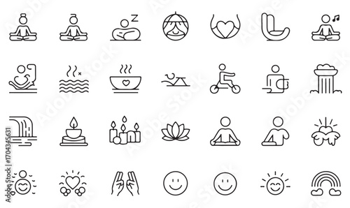 Mindfulness and self-care outline symbols set: meditation, yoga, spa, exercise, health, and positive lifestyle icons