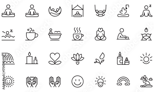 Fitness, meditation, yoga, spa, and relaxation icon set in minimalist outline style for lifestyle and wellbeing themes