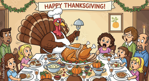 Vector art of thanksgiving family dinner with turkey chef carving the holiday meal cartoon