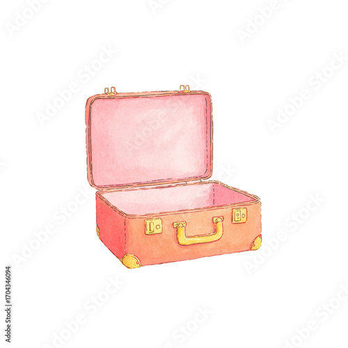 Vintage open suitcase in watercolor style with pink interior, cut out