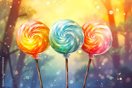 Watercolor drawing of colorful swirled lollipops against the backdrop of a magical forest. Concept of a children's gift for the holiday
