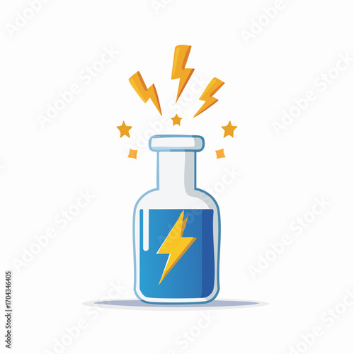 Conceptual Depiction of an Energized Elixir Vial with Electric Symbols and Sparkling Accents