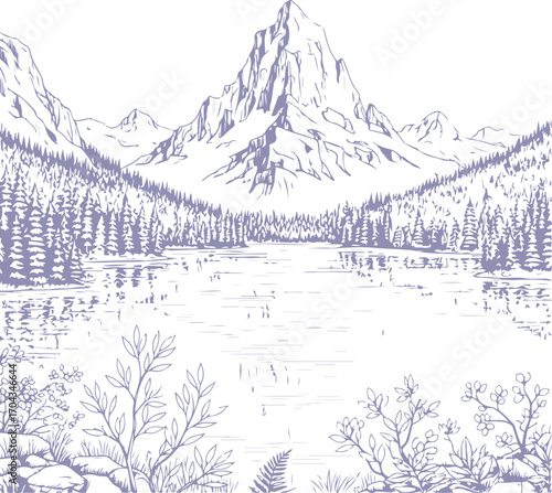 Serene winter landscape illustration featuring snow capped mountains reflecting in a frozen lake surrounded by pine trees
